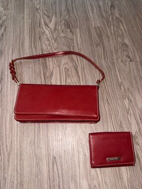 Liz Claiborne Red Leather Clutch with Matching Card Wallet